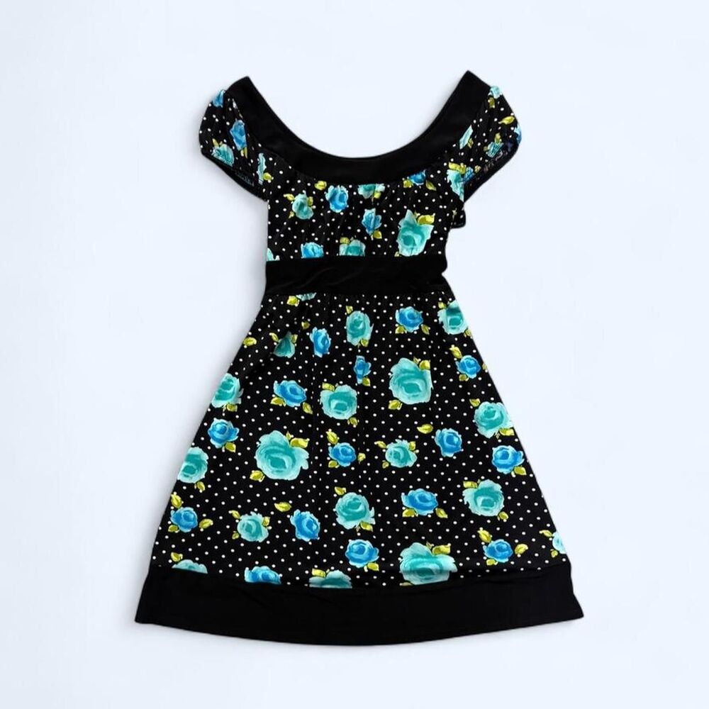 Vintage Wrapper Women's Black and White Polka Dot Dress with Teal and Blue Roses